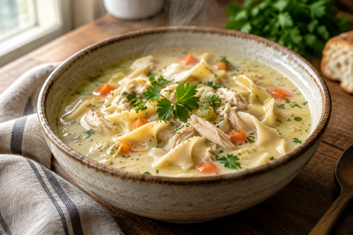 Creamy chicken noodle soup in a rustic bowl garnished with parsley, showcasing creamy chicken noodle soup
