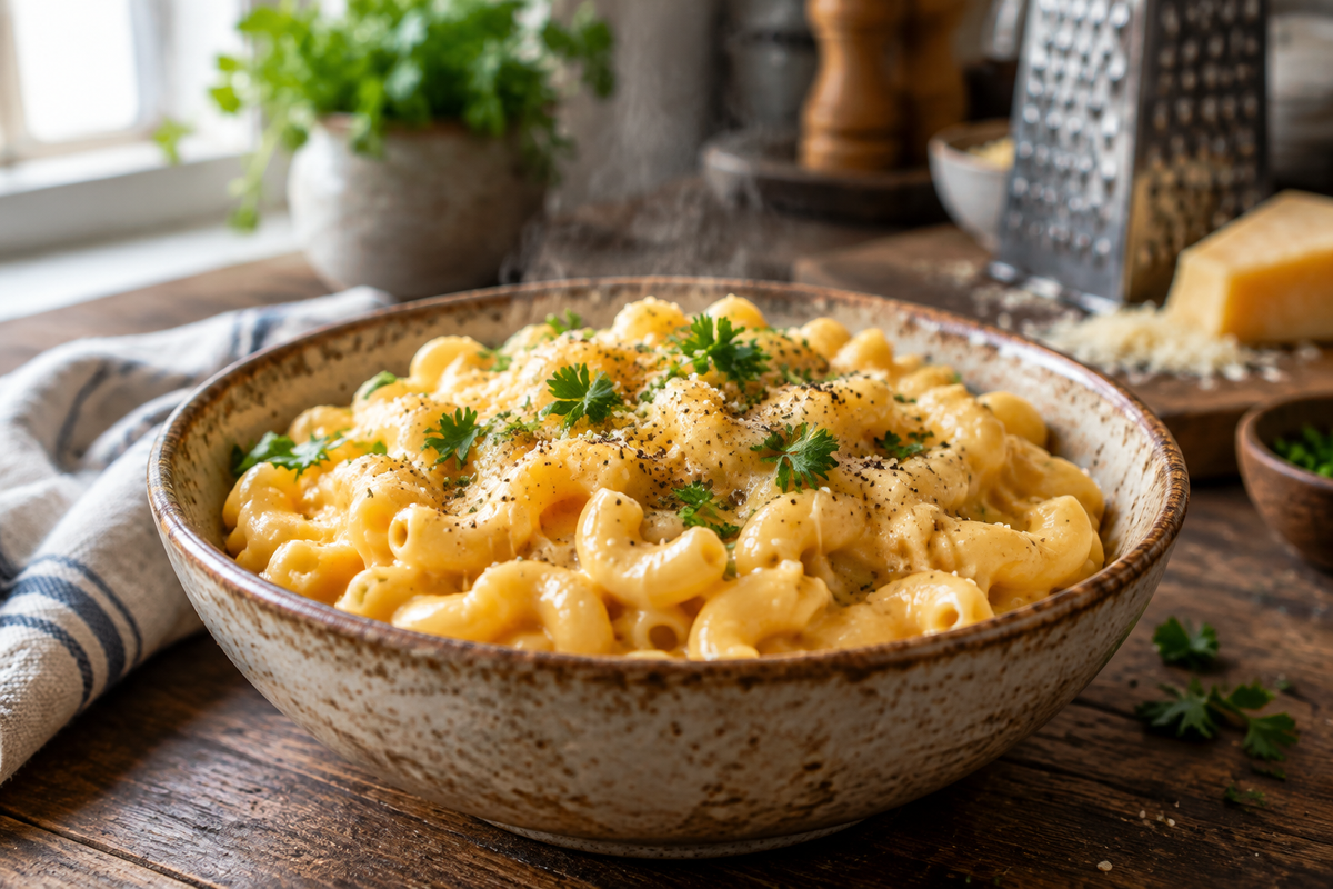 Creamy one pot mac and cheese in bowl garnished with parsley, showcasing easy stovetop recipe