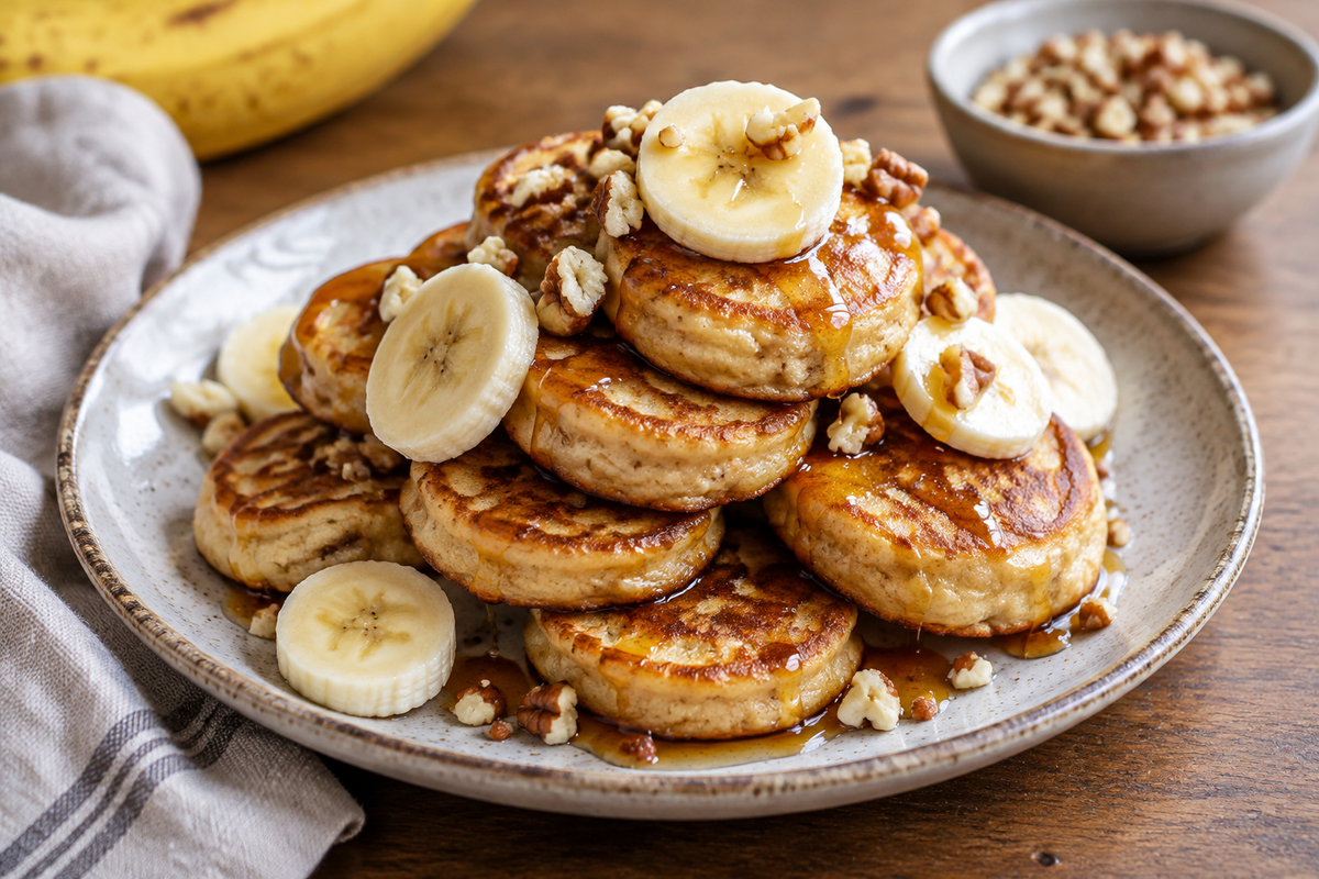 Golden oven-baked mini banana pancake bites with banana slices and syrup on rustic plate