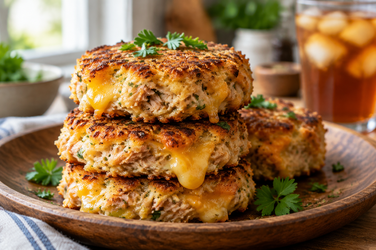 Golden oven-baked tuna melt patties with melted cheese and parsley garnish, showcasing crispy texture