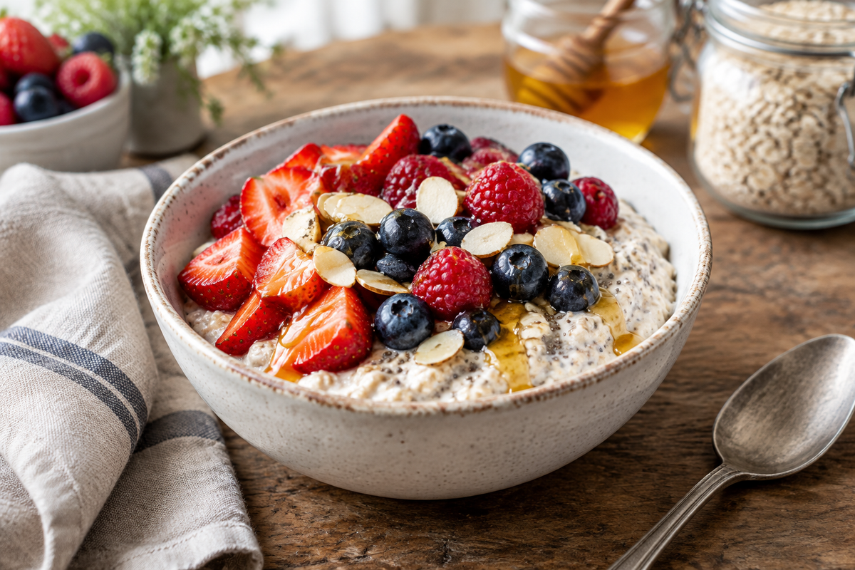 Creamy overnight oats topped with fresh berries and almonds for a healthy breakfast