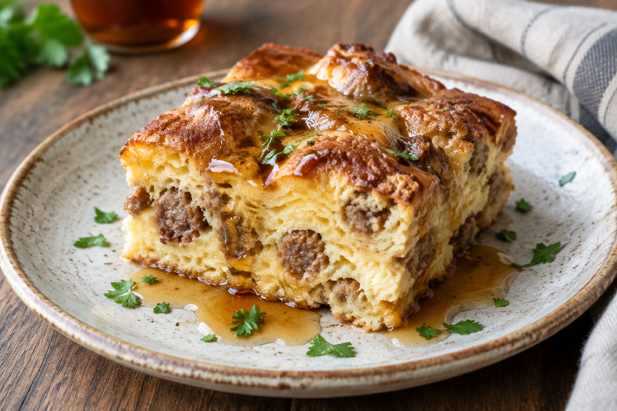 Golden brown pancake sausage casserole slice garnished with parsley and syrup, showcasing the pancake sausage casserole