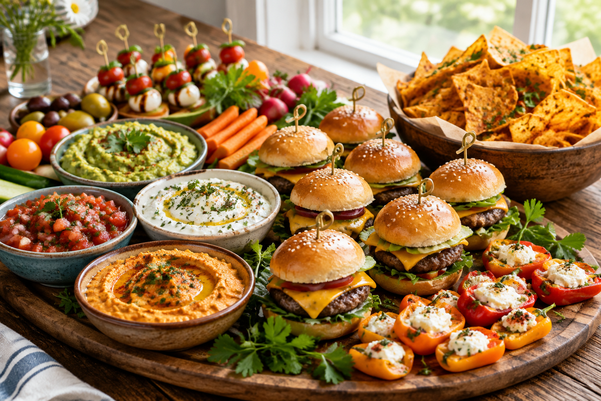 Easy party recipes platter with sliders, dips, and chips in natural soft window light