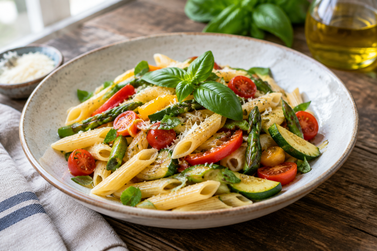 Plate of pasta primavera with fresh garden veggies and basil garnish
