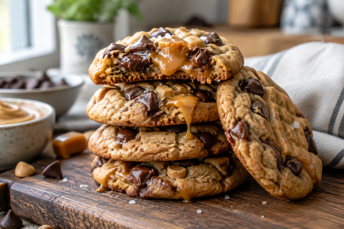 Easy peanut butter caramel cookies with chocolate and gooey caramel on rustic board