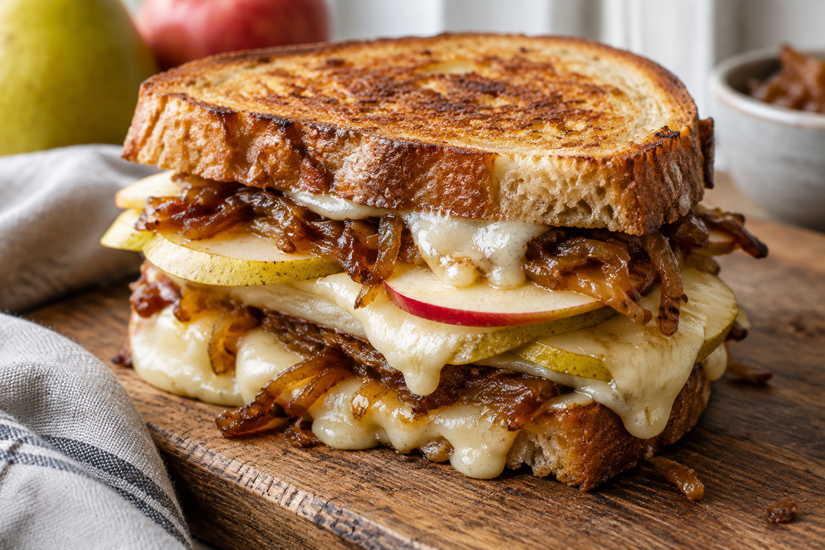 Creamy pear apple grilled cheese with sweet caramelized onions on rustic board