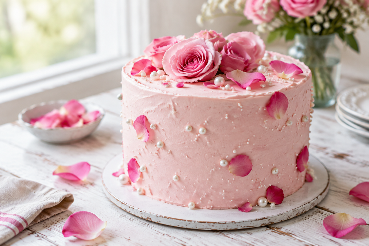Pink birthday cake with cream cheese frosting decorated with edible pearls and rose petals