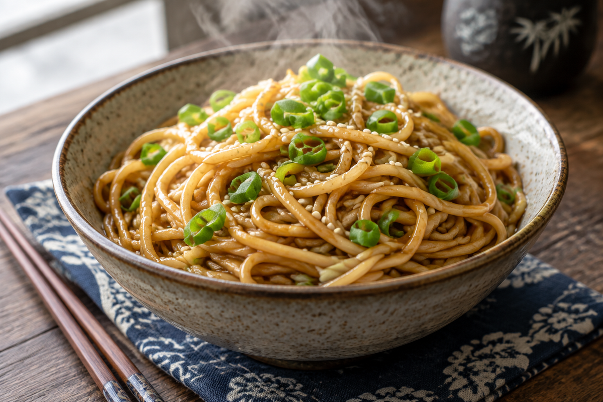 Bowl of plain lo mein noodles garnished with scallions and sesame seeds, plain lo mein noodles recipe