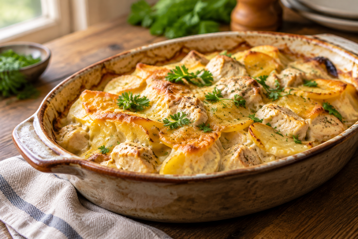 Golden baked potato chicken casserole garnished with fresh parsley, showcasing creamy texture and hearty ingredients