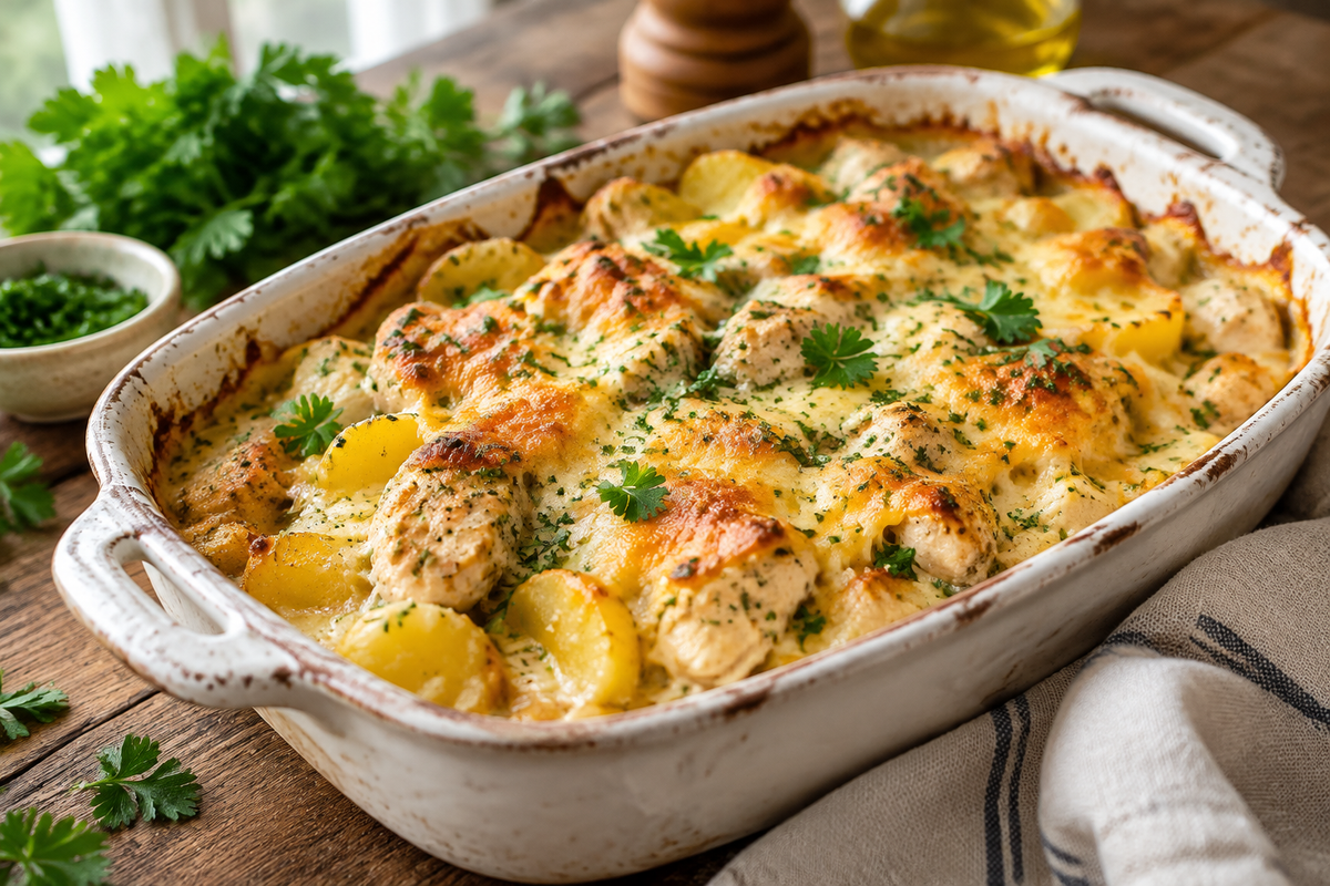 Golden baked potato chicken casserole topped with melted cheese and fresh parsley