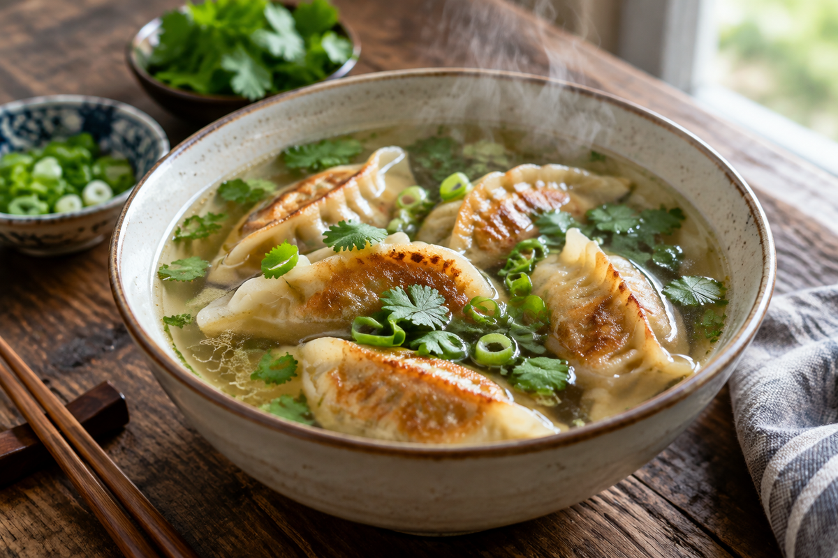 Steaming bowl of potsticker soup with dumplings and fresh green onion garnish