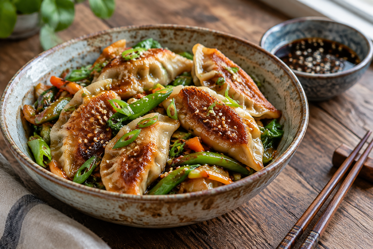 Easy potsticker stir fry with green onions and sesame seeds in a rustic bowl