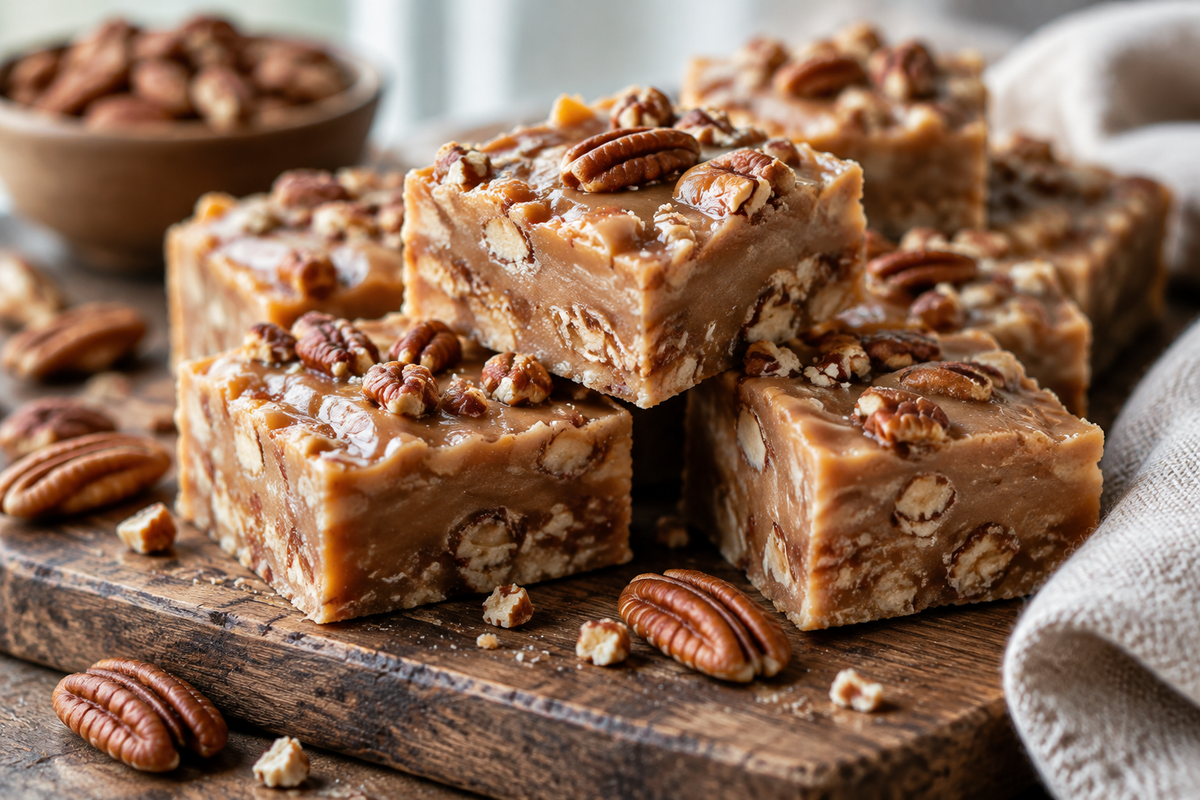 Easy praline pecan fudge squares with crunchy pecans, creamy texture, and glossy finish