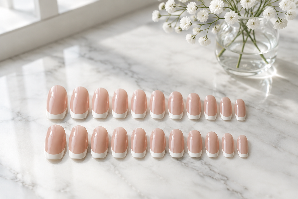 Set of 24 elegant French press on nails arranged on white marble surface with natural light