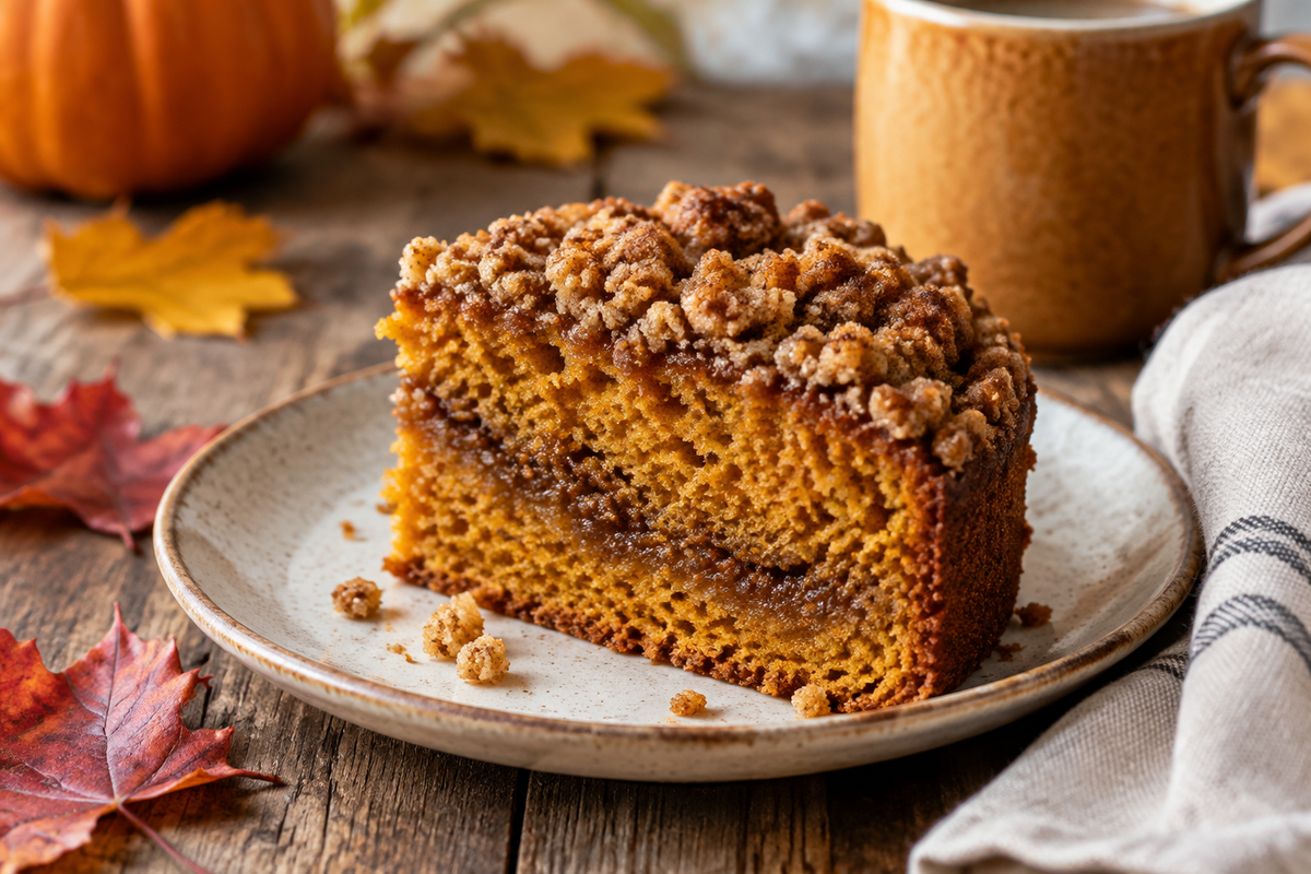 Moist pumpkin coffee cake slice with cinnamon crumble topping, perfect pumpkin coffee cake for fall