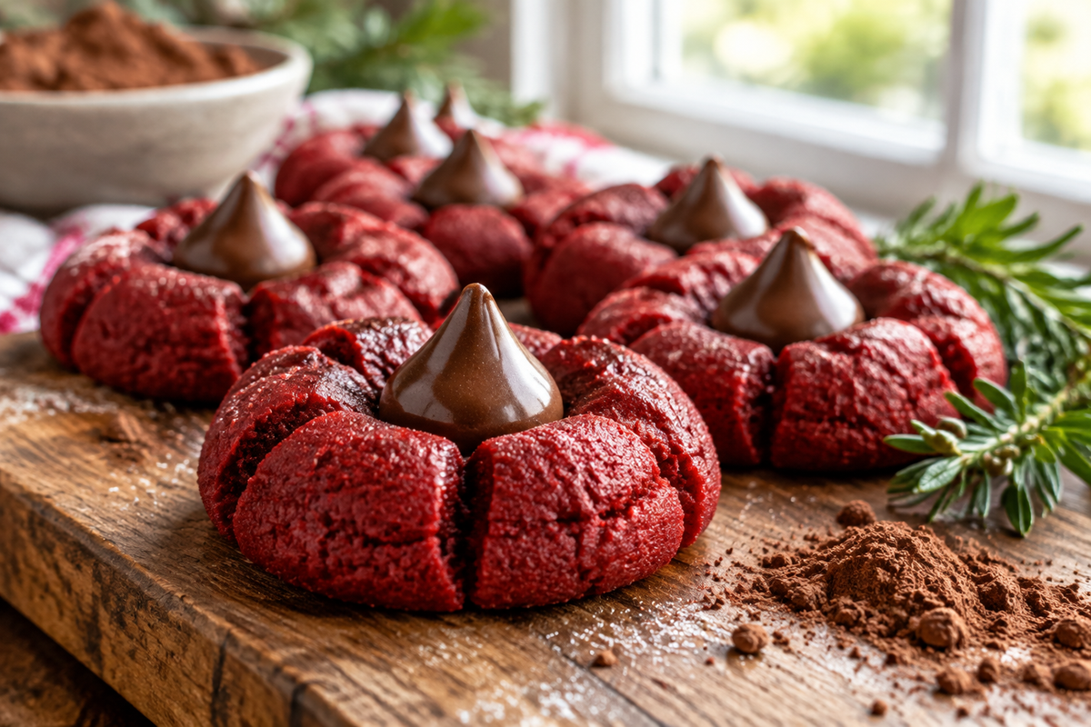 Freshly baked red velvet blossoms cookies topped with chocolate kisses on a rustic board, showcasing red velvet blossoms cookies
