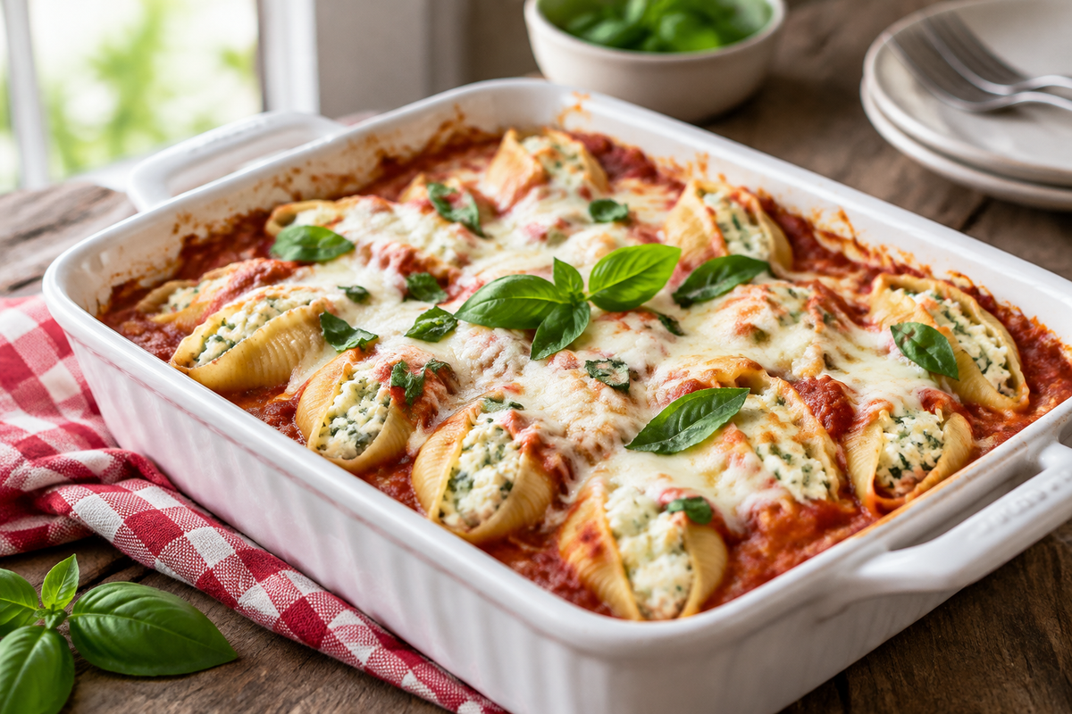 Close-up of creamy ricotta stuffed shells topped with melted cheese and fresh basil leaves