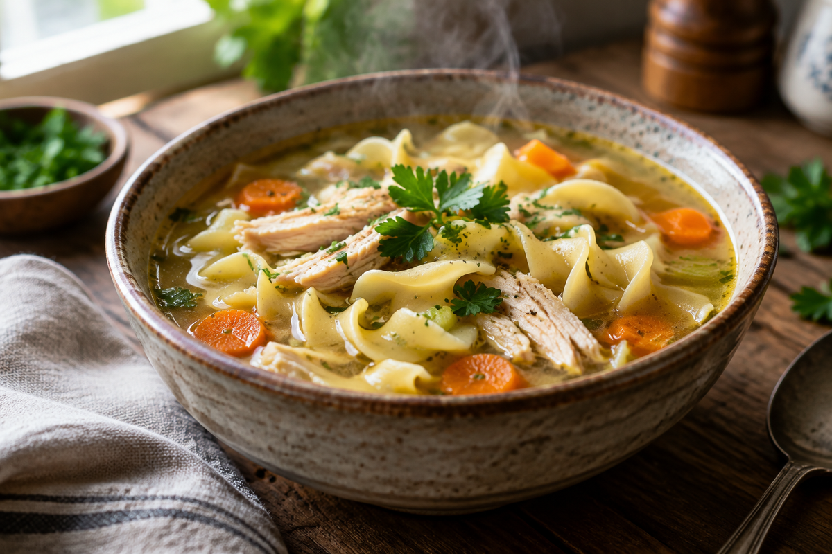 A bowl of rotisserie chicken noodle soup garnished with fresh parsley, showcasing the rotisserie chicken noodle soup