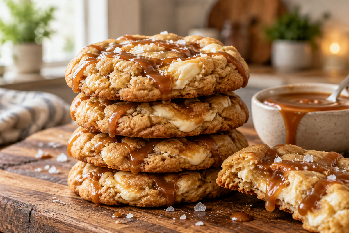 stack of salted caramel cream cheese cookies with caramel drizzle and sea salt flakes