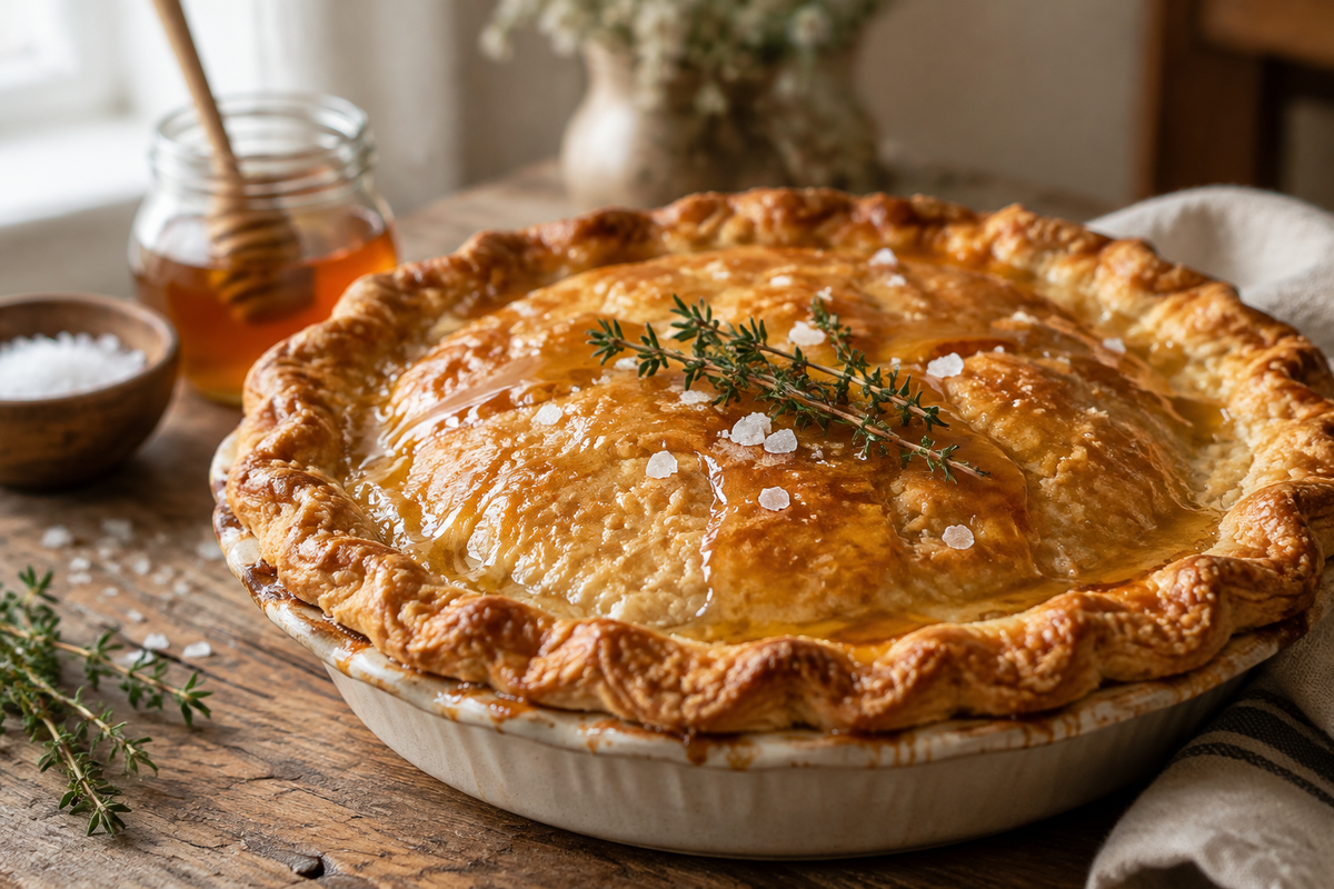 Close-up of salted honey pie with golden crust and honey glaze showing the salted honey pie dessert