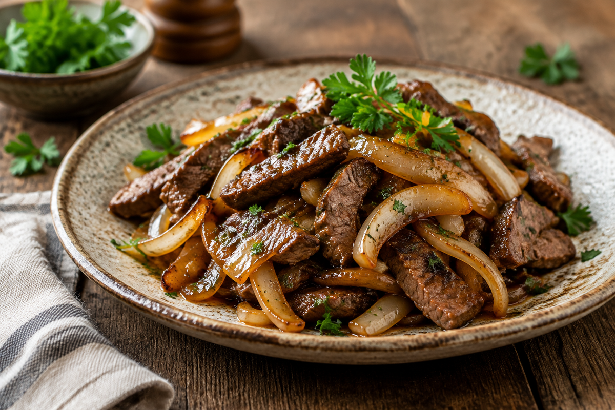 Savory beef sauté with onions served on a rustic plate, showcasing caramelized onions and tender beef strips