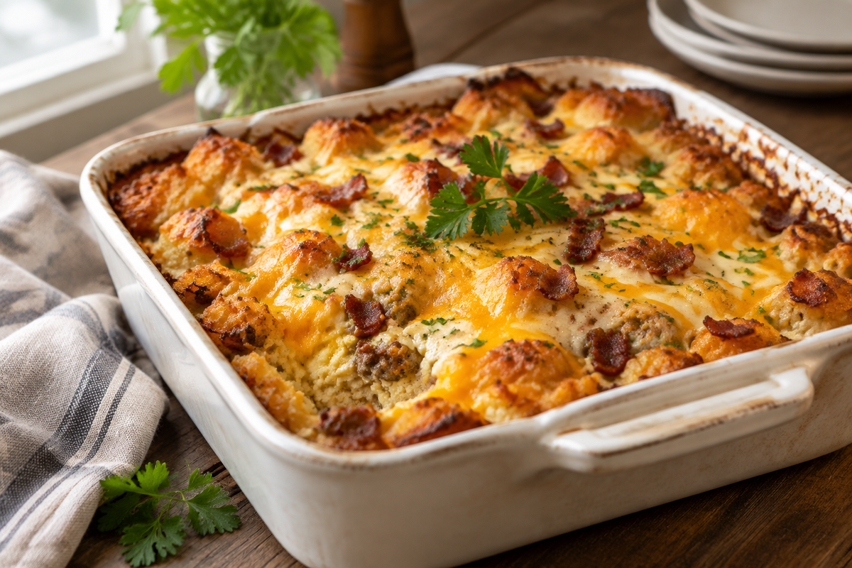 Easy crack breakfast casserole with melted cheese and crispy edges on rustic wooden table