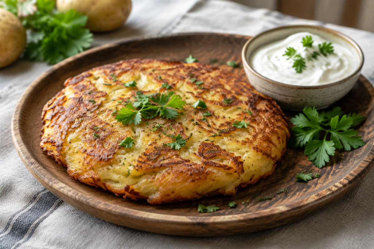 Crispy golden German potato cake garnished with parsley and sour cream on rustic plate