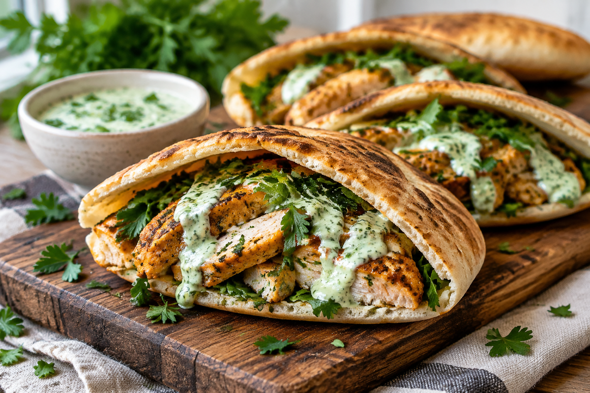 Sheet pan chicken pitas topped with herby ranch sauce and fresh parsley on a rustic board