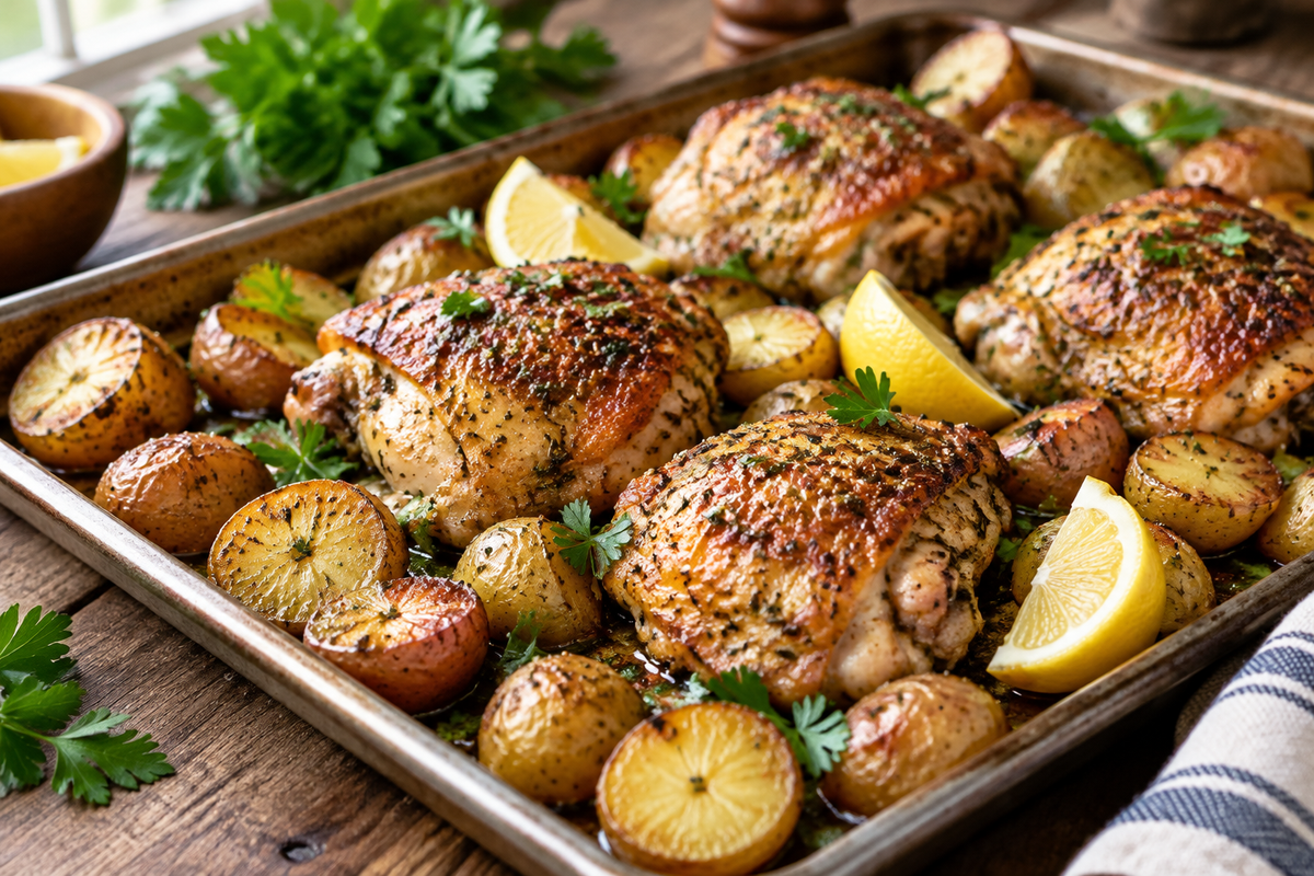 Golden roasted sheet pan chicken potatoes garnished with fresh parsley and lemon wedges