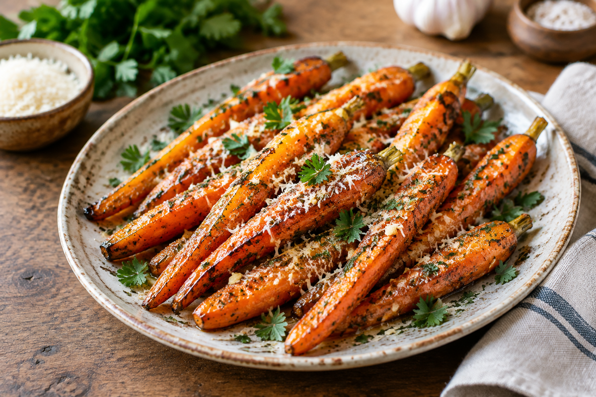 Parmesan garlic carrots roasted on a sheet pan garnished with fresh parsley