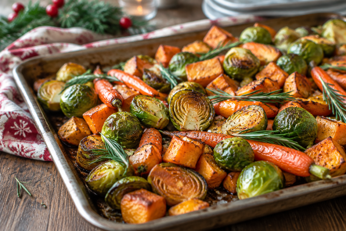 A colorful tray of roasted holiday veggies with herbs, showcasing roasted holiday veggies in warm light