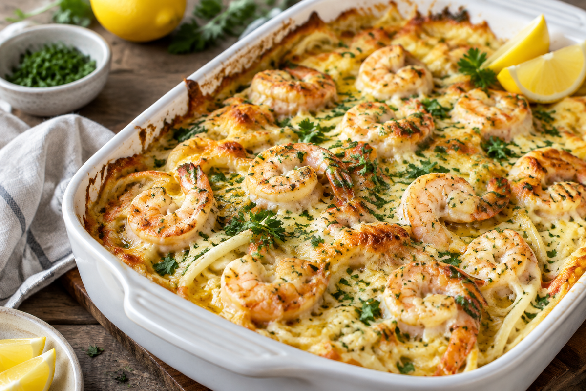 Shrimp scampi pasta bake with melted cheese and parsley garnish on rustic table, shrimp scampi pasta