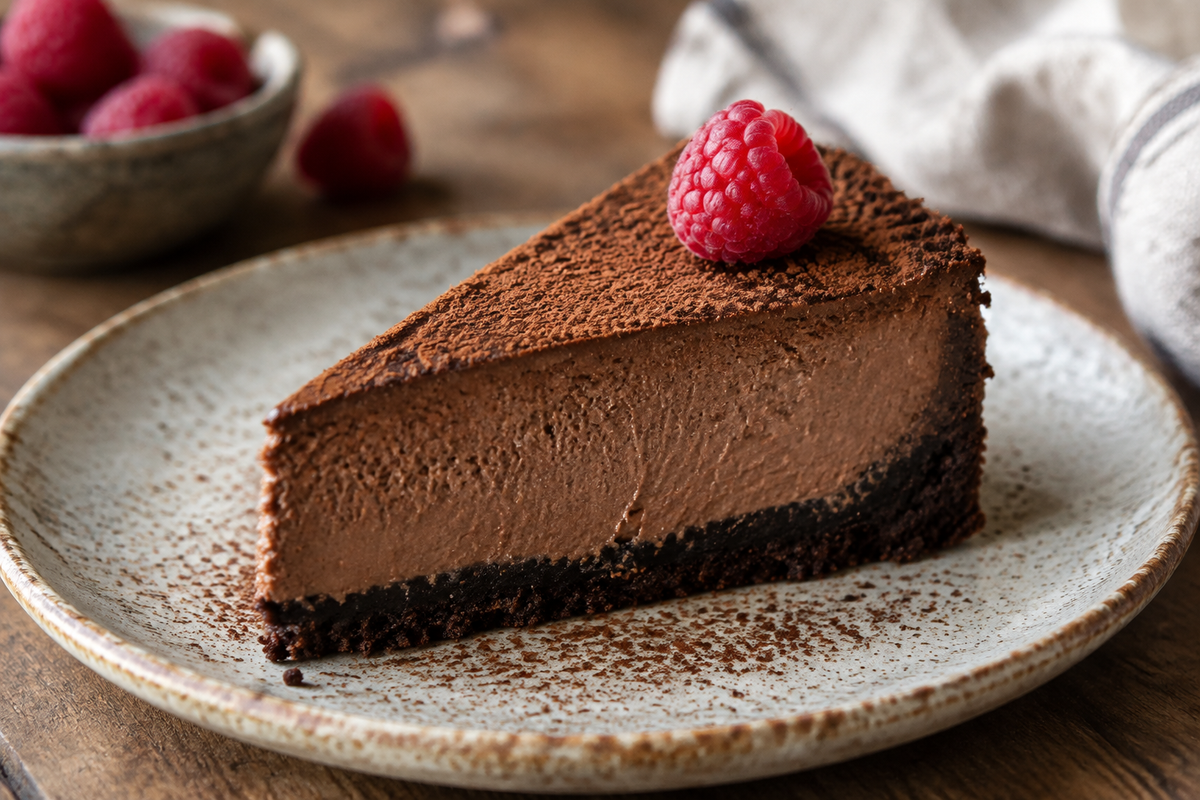 Slice of silky chocolate cheesecake topped with cocoa powder and raspberry on rustic plate