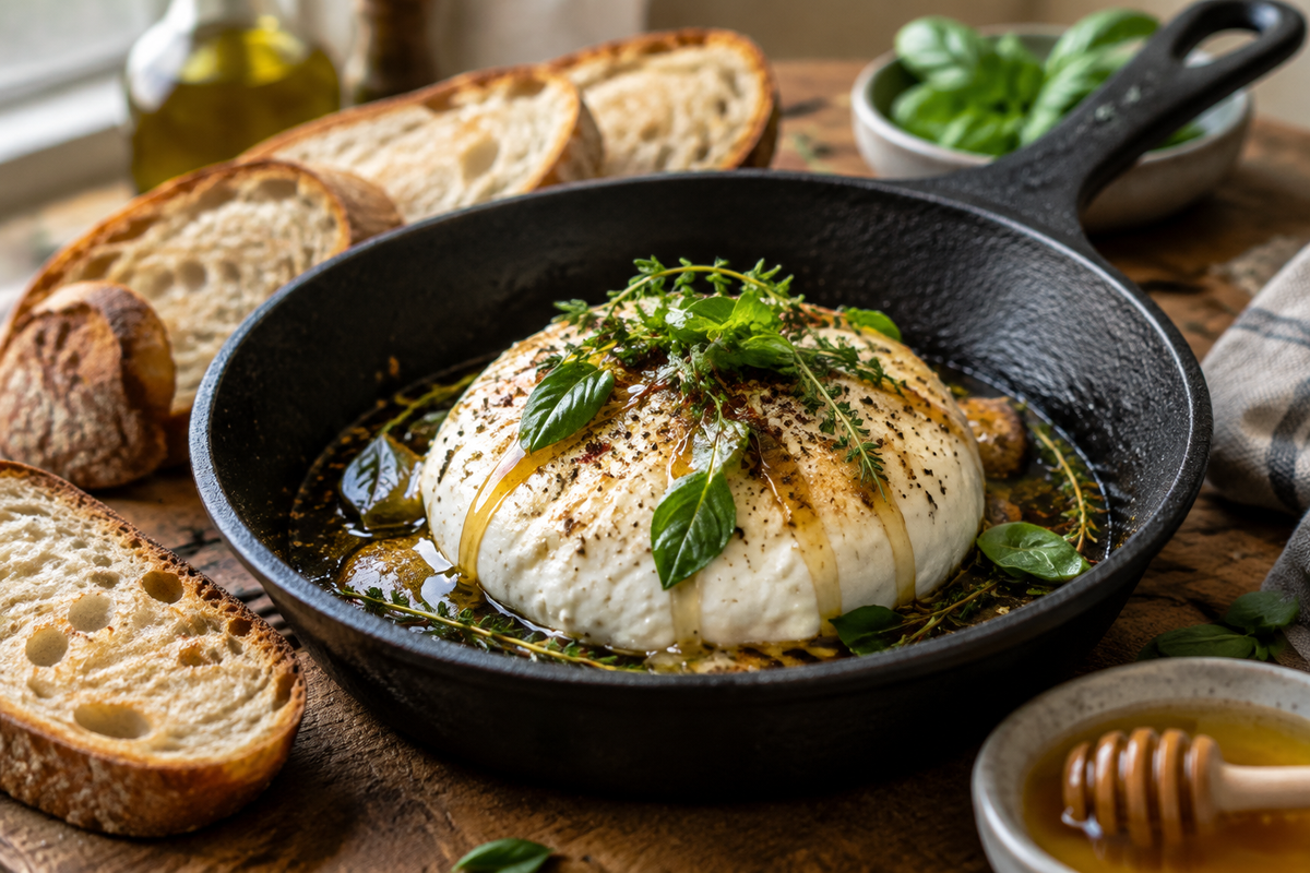 Baked burrata appetizer in a skillet with fresh herbs and honey drizzle