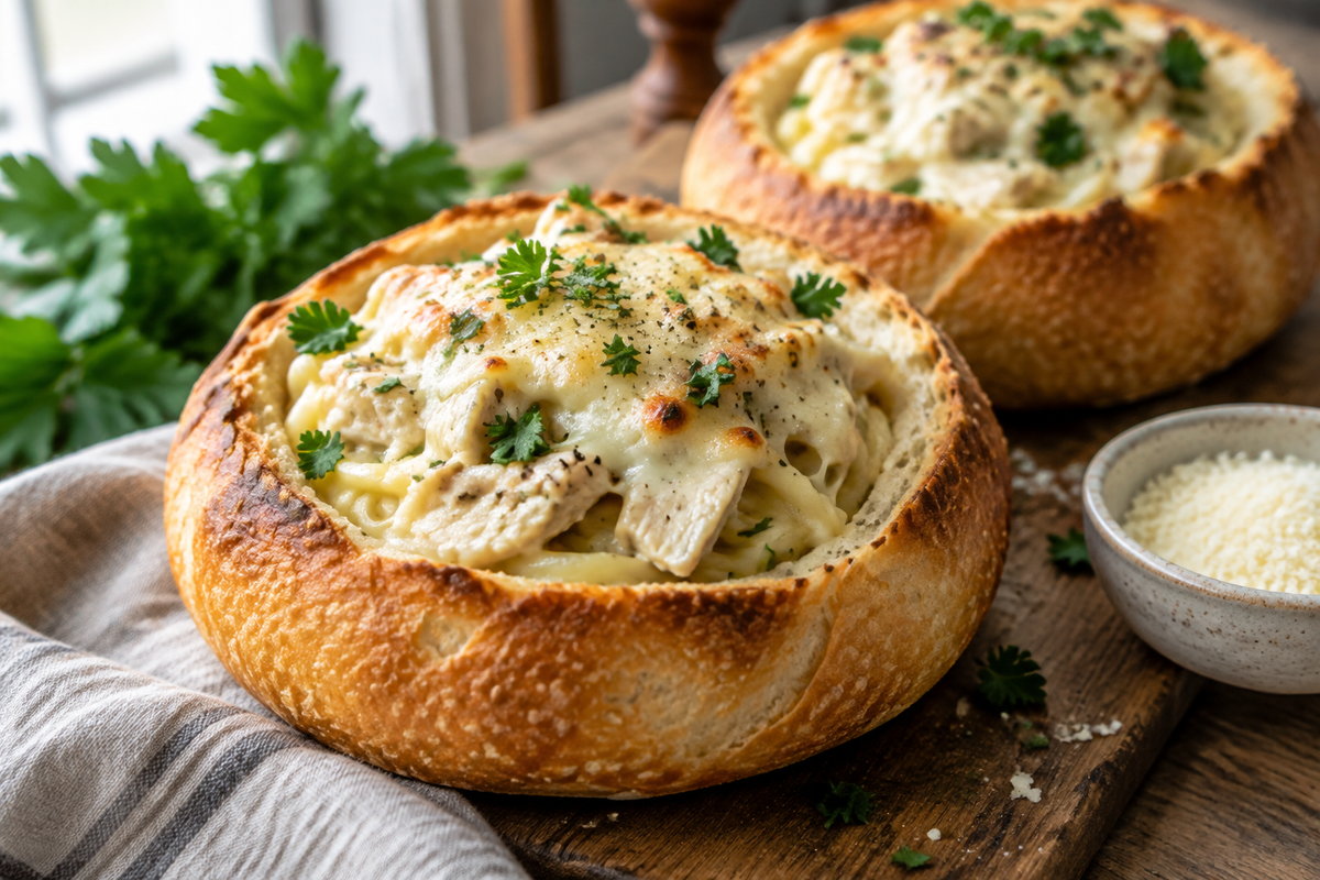 Golden chicken alfredo bread bowls garnished with parsley and melted cheese, showcasing chicken alfredo bread bowls