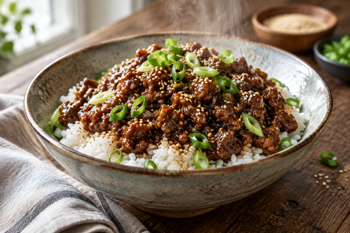 Hot honey beef bowls with ground beef, scallions, and sesame seeds in a rustic bowl, featuring hot honey beef bowls