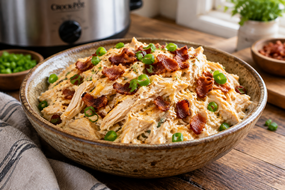 Cream cheese crack chicken in a bowl garnished with green onions and bacon bits, showing creamy texture