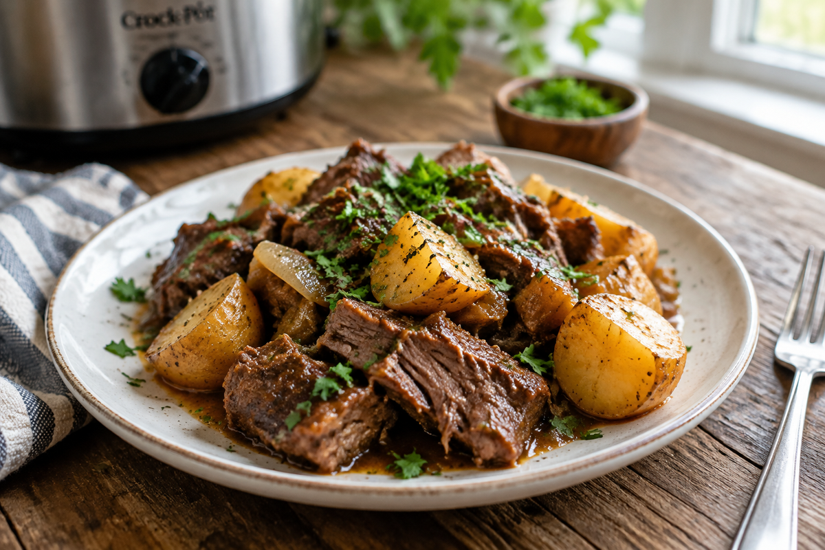 Tender slow cooker steak potatoes dinner garnished with fresh parsley on a rustic plate