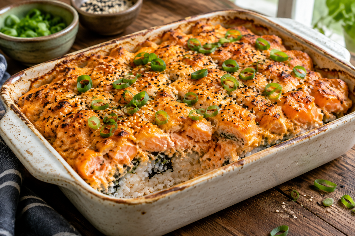 Close-up of spicy salmon sushi bake with green onions and sesame seeds, showcasing the creamy top and spicy salmon layer