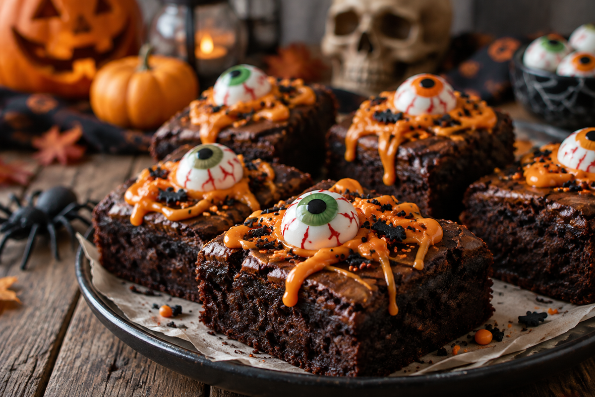 Easy Halloween brownies decorated with spooky edible eyeballs and orange frosting Halloween brownies