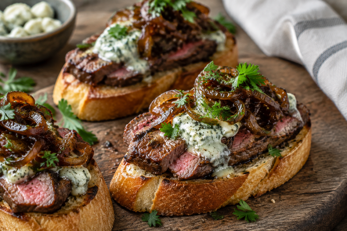 Easy steak crostini topped with grilled steak, caramelized onions, and fresh parsley on toasted baguette slices