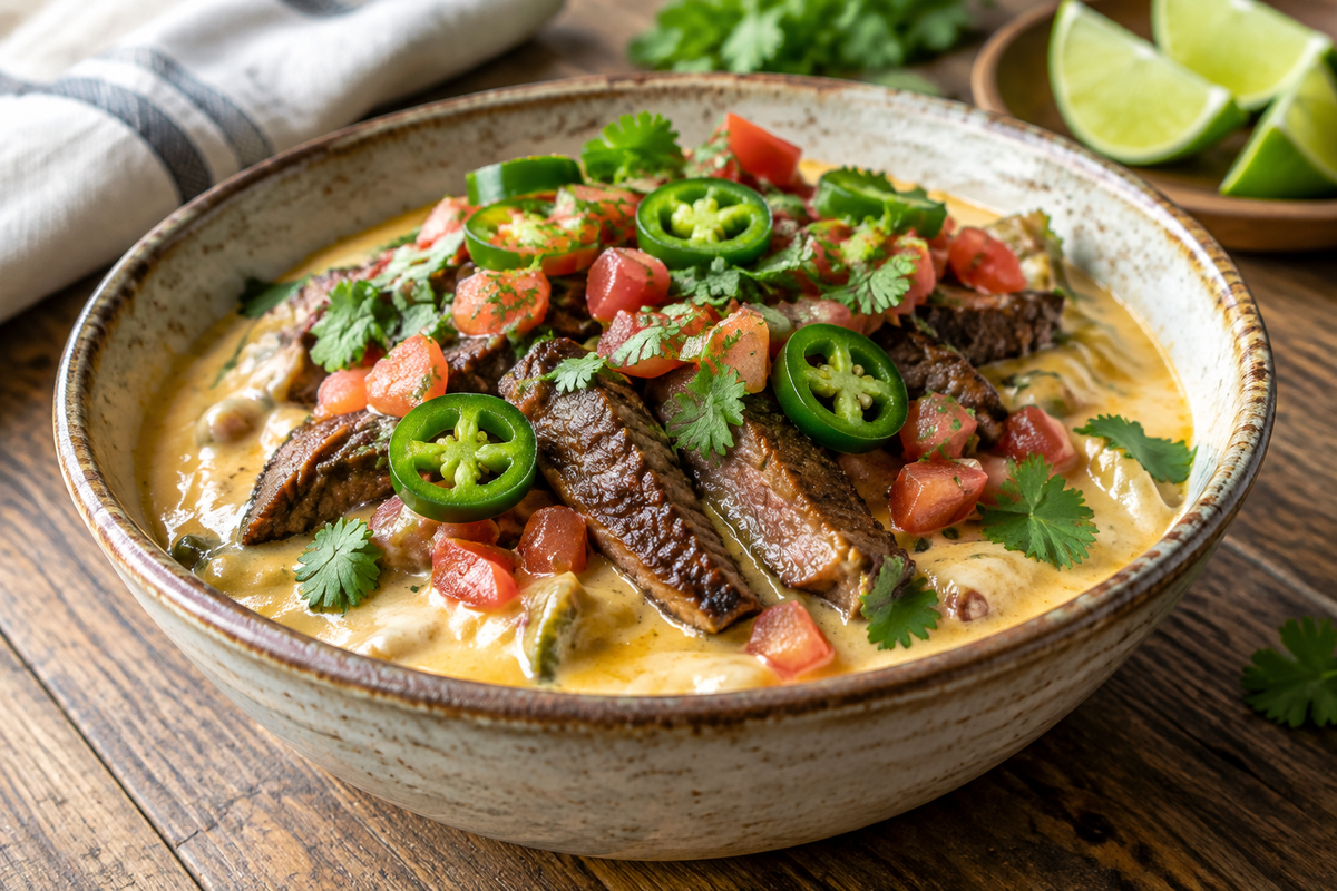 Close-up of a steak queso bowl with tender steak, melted cheese, and fresh toppings in natural light