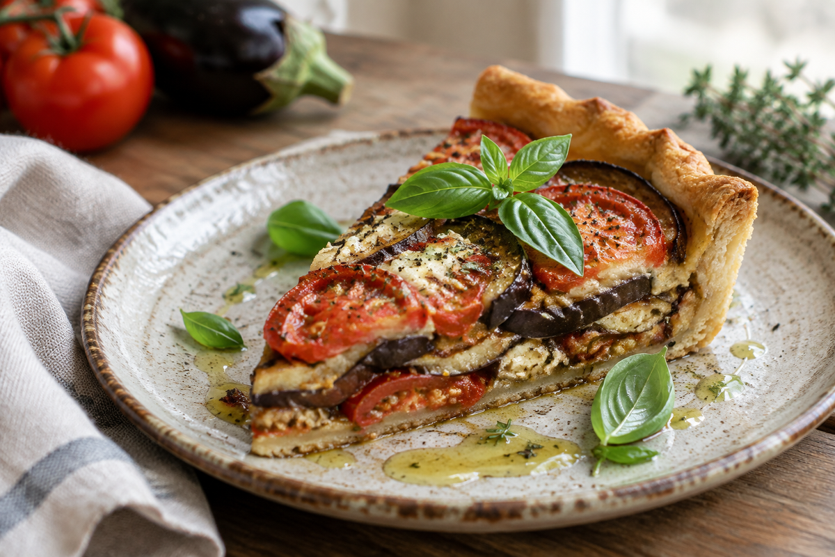 Slice of summer tomato pie with eggplant garnished with fresh basil and olive oil