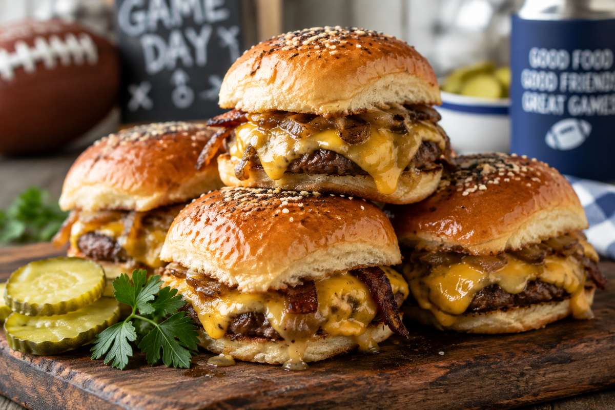 Close-up of juicy tailgate slider sandwiches with melted cheese and pickles on rustic board