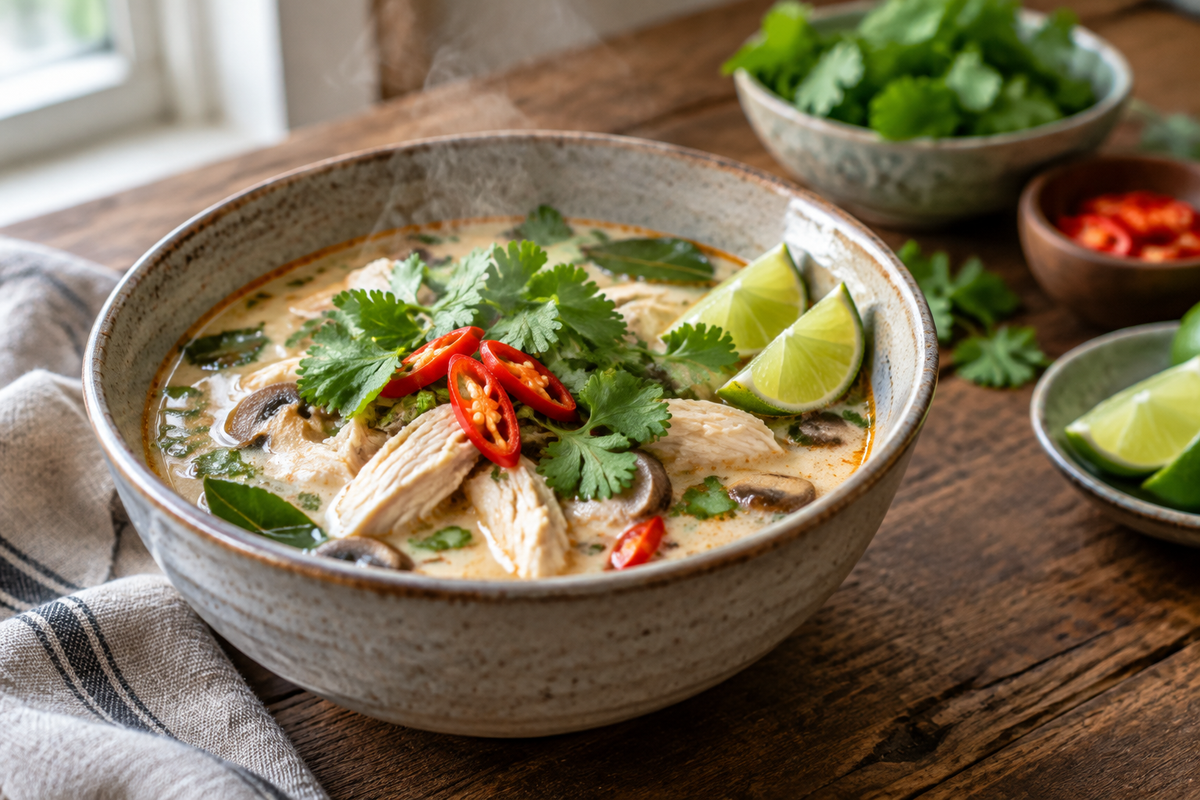 Bowl of easy Thai chicken soup garnished with cilantro and lime wedges, showcasing vibrant colors and fresh ingredients