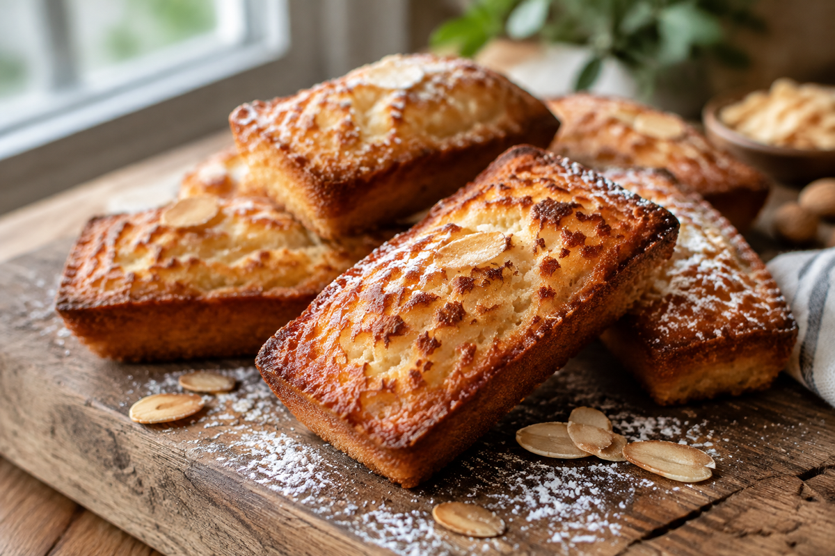Close-up of easy tiger financiers with golden crispy edges and almond garnish in natural light