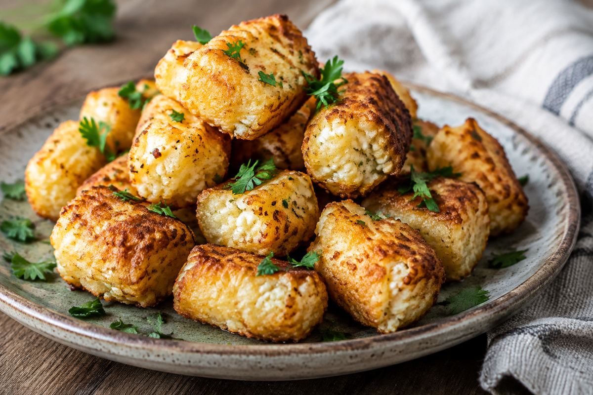 Golden crispy cottage cheese tots garnished with parsley, showcasing the cottage cheese tots dish
