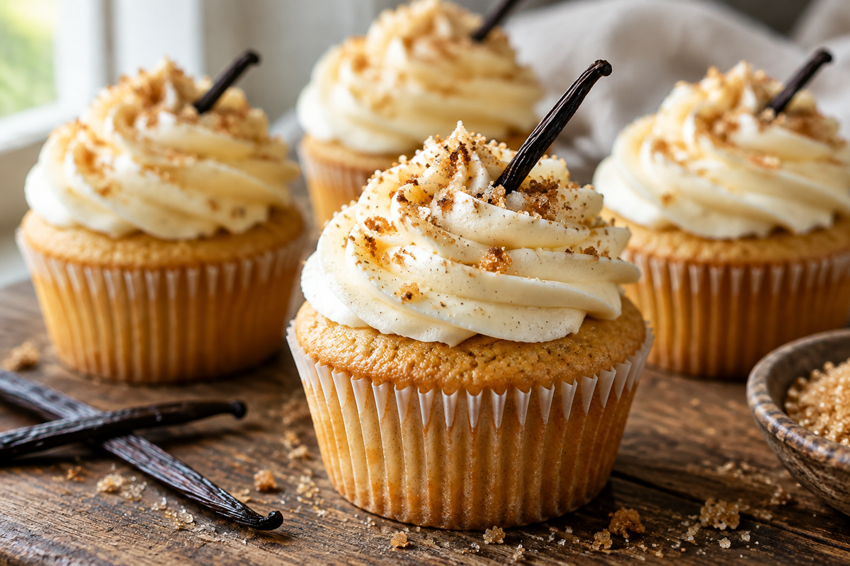 Moist vanilla brown butter cupcakes with creamy frosting and toasted sugar garnish