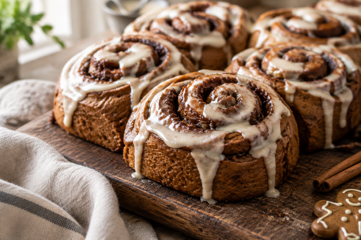 Freshly baked vegan gingerbread cinnamon rolls with cinnamon sugar swirls and glaze
