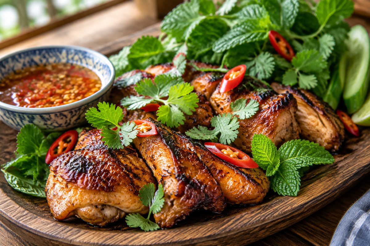 Vietnamese grilled chicken with fresh herbs and spices, beautifully charred and garnished